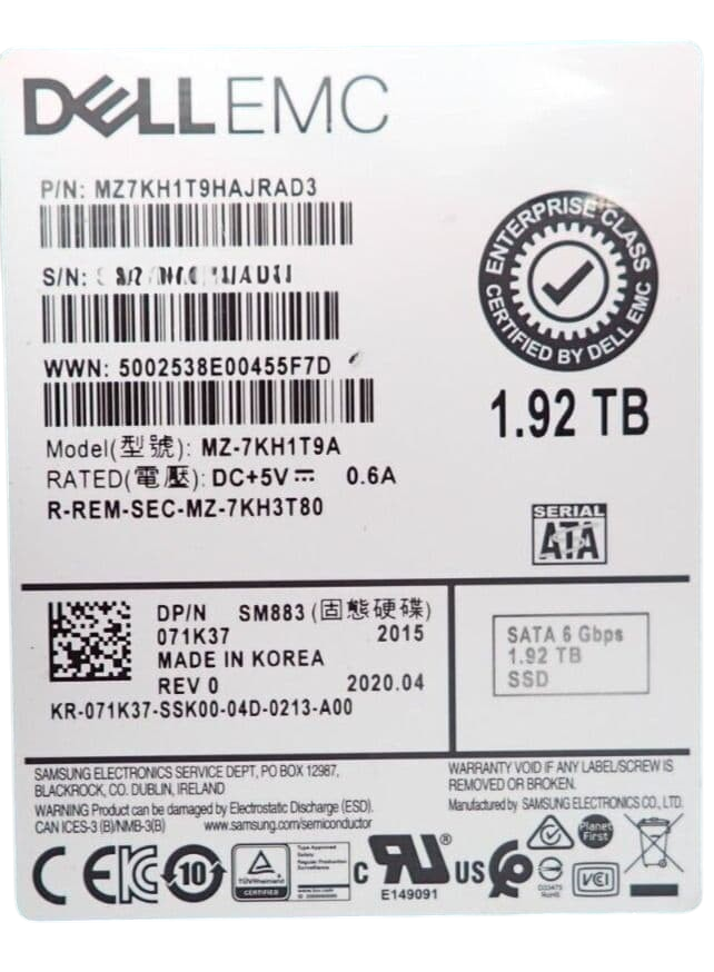 Dell 1.92TB 6G SATA MU 2.5" Enterprise SSD 71K37 MZ-7KH1T9A in 14-17th Gen Caddy