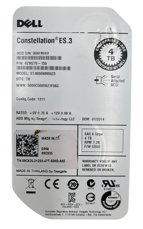 Dell 4TB 7.2K 6G SAS 3.5" Enterprise HDD with Caddy - ST4000NM0023 9CX35