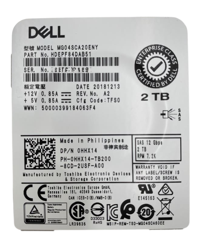 Dell 2TB 12G 7.2K SAS 3.5" Enterprise HDD MG04SCA20ENY HHX14 in 14th Gen Caddy