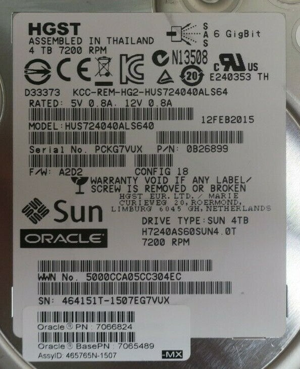 Sun Oracle 4TB 7.2K 6Gb/s SAS 3.5" Hard Drive HDD In Sun Caddy 7066824 7065489