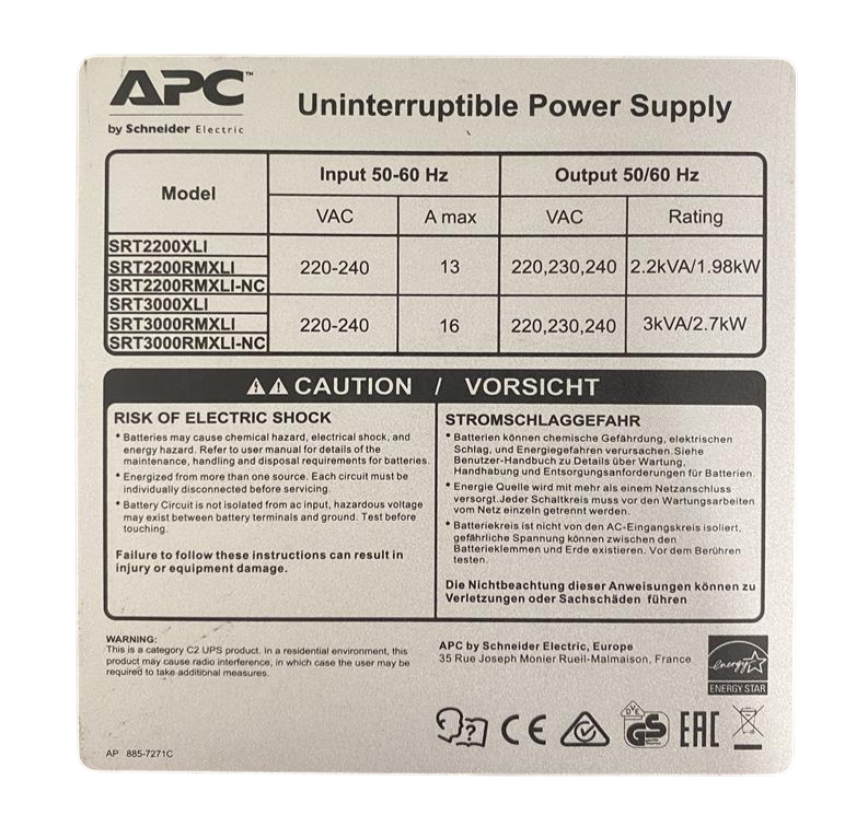 APC Smart-UPS SRT3000RMXLI 3000VA 2700W 8x C13 2x C19 UPS + AP9630 Module