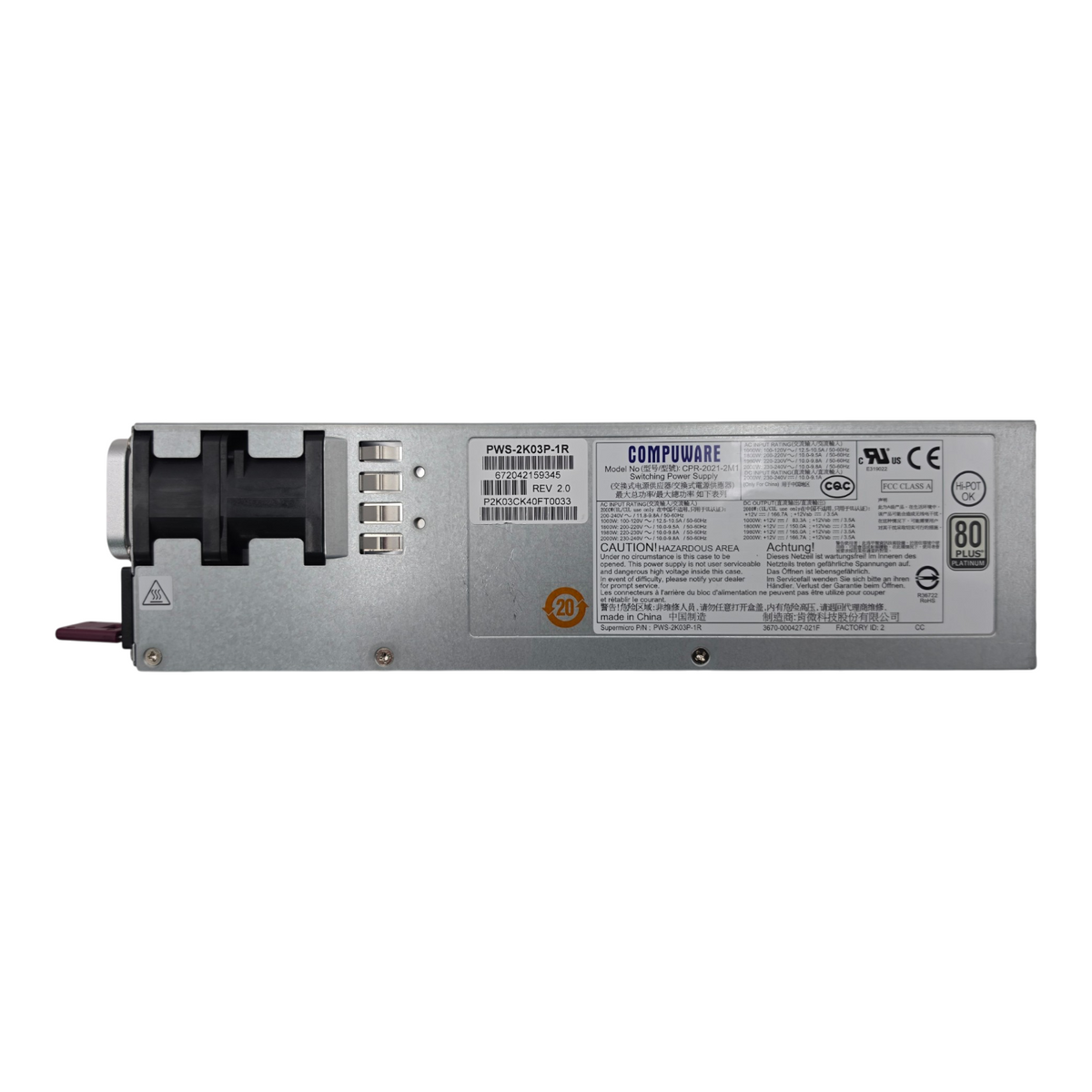 Supermicro PWS-2K03P-1R 2000W 1U Redundant Power Supply PSU PFC 80+ Platinum