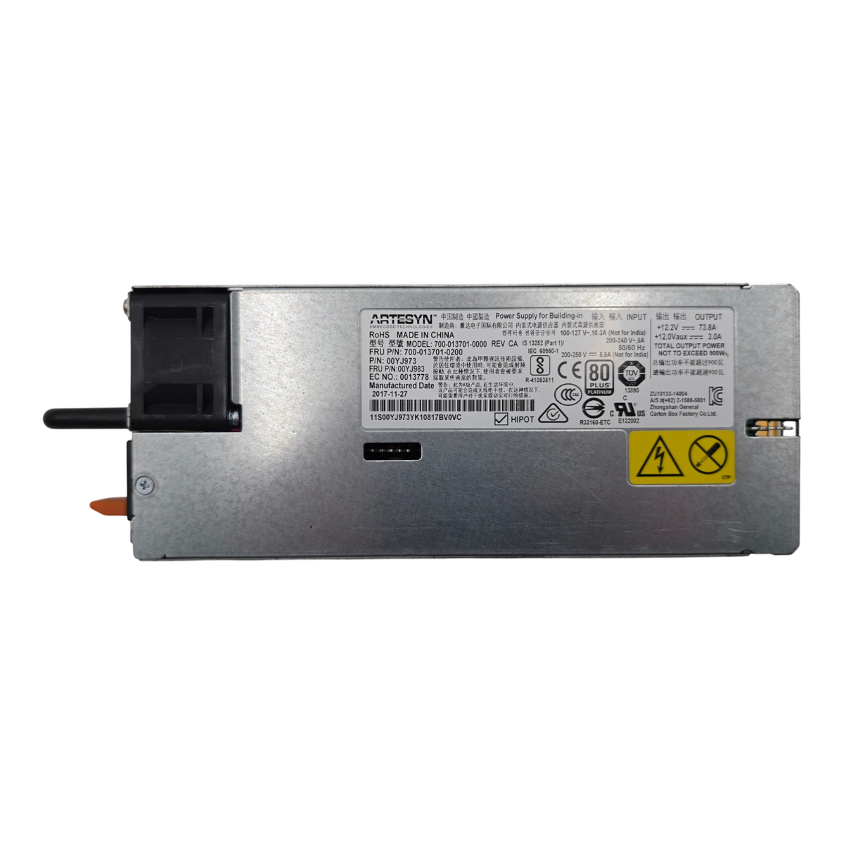 Lenovo 00YJ983 900W 1U Redundant Power Supply PSU 80+ Platinum X3650 M5 FRU