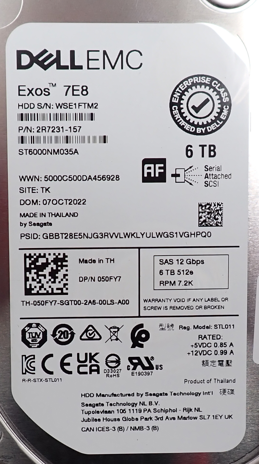 Dell 6TB 7.2K SAS 12G 3.5" Hard Drive HDD 50FY7 ST6000NM035A + 13th Gen Caddy