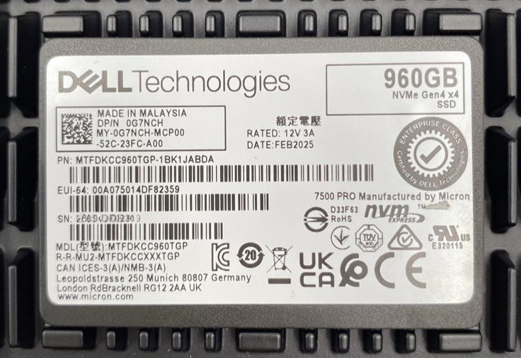 Dell 960GB NVMe Gen4 RI 2.5" Enterprise SSD + G14-17th Caddy G7NCH MTFDKCC960TGP