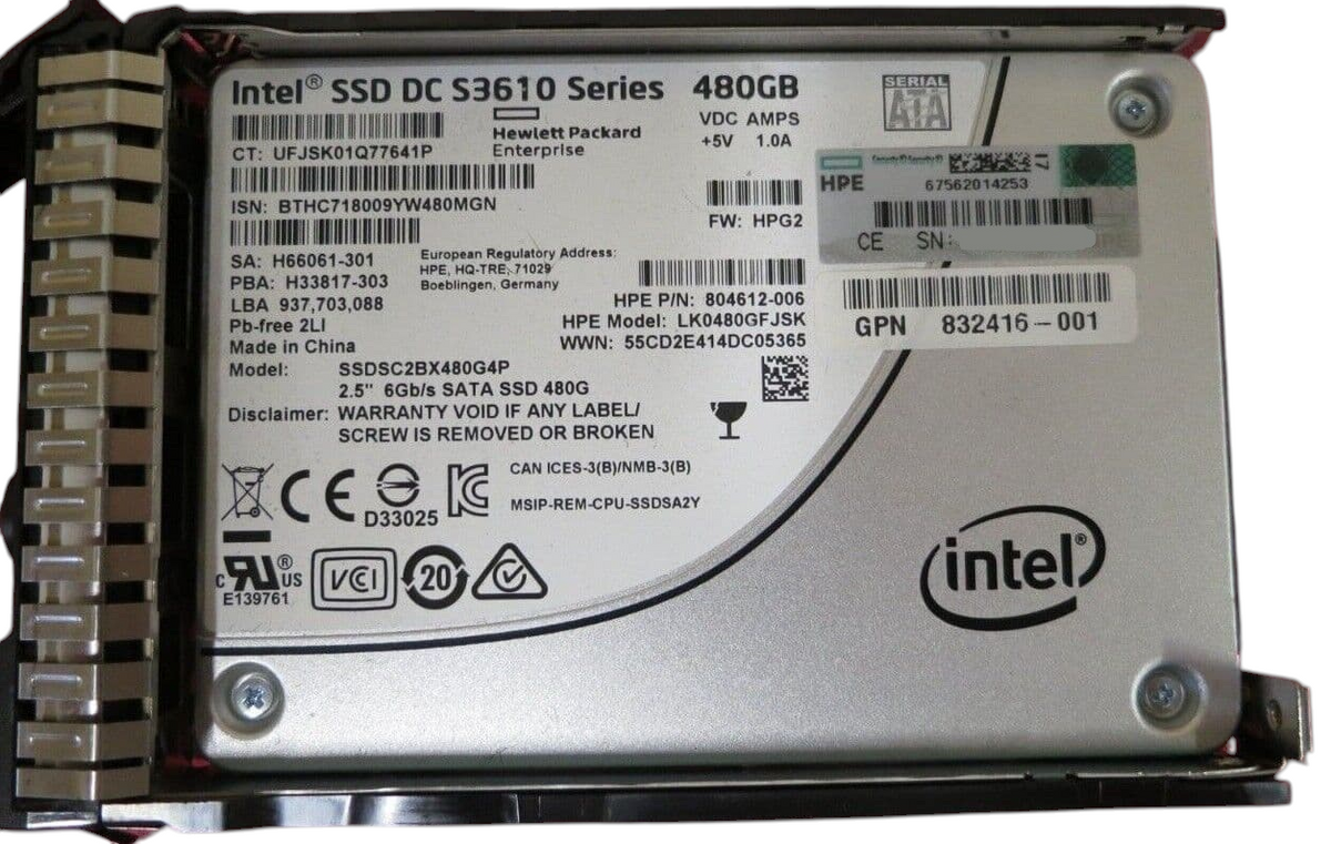 HPE Intel DC S3610 480 GB 6G SATA MU 2.5" SFF SSD + Caddy 832414-B21 832416-001