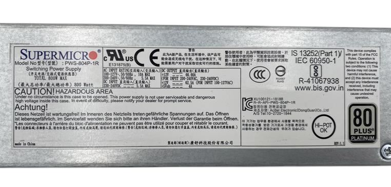 Supermicro PWS-804P-1R 800W 80 PLUS Platinum 1U Redundant Power Supply PSU