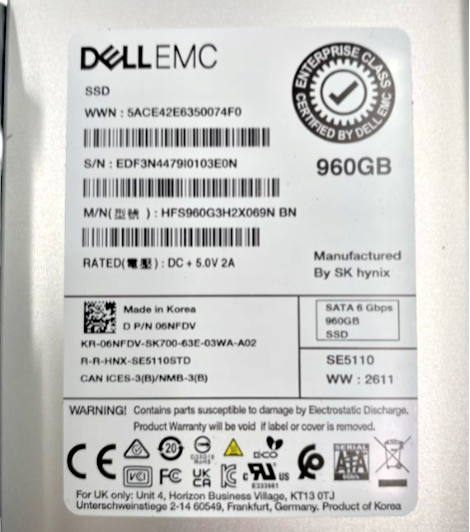 NEW Dell 960GB 6G SATA RI 2.5" SSD 6NFDV HFS960G3H2X069N +14-17th Gen 3.5" Caddy