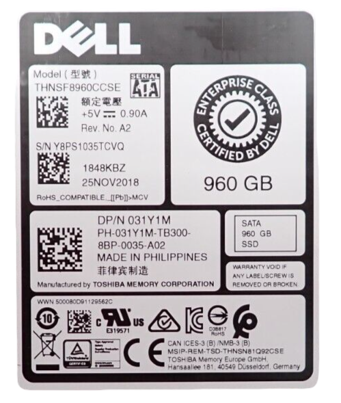 Dell Enterprise 960GB SATA 6G RI 2.5" MLC NAND SSD 31Y1M in 14/15/16th Gen Caddy