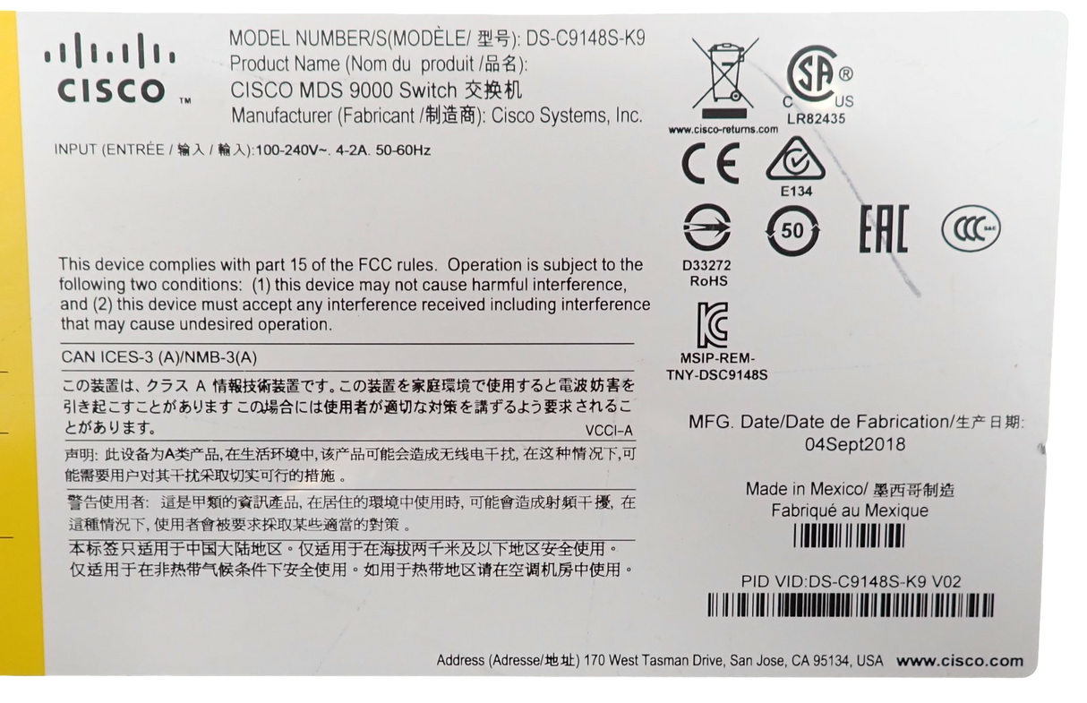 Cisco DS-C9148S-K9 MDS 9148S 48x 16G FC (12-Active) Multilayer Fabric Switch