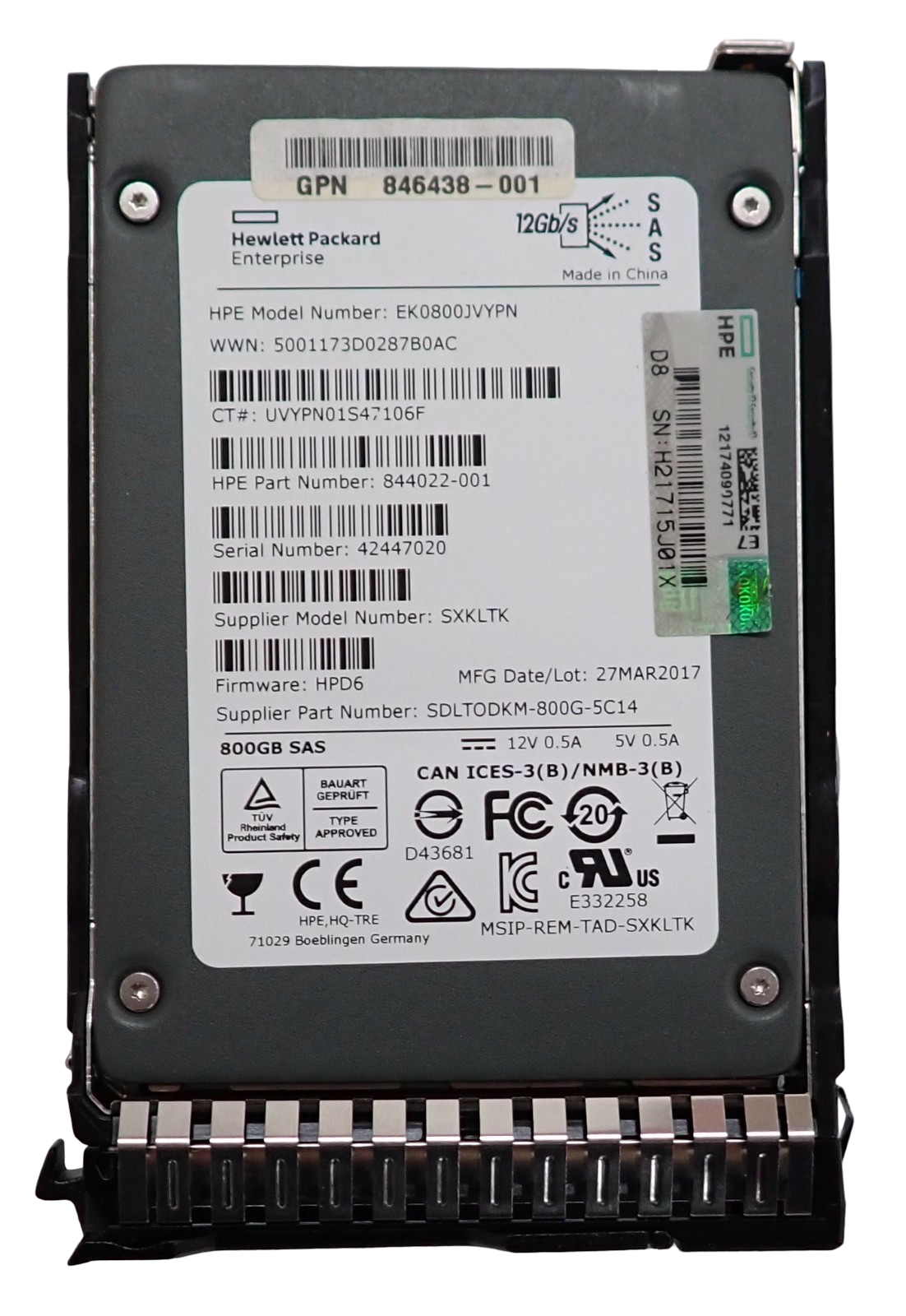 HP 800GB SAS 12G 2.5" Hot-Plug WI Solid State Drive SSD 846622-001 846430-B21