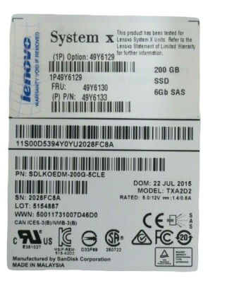 Lenovo System X 200GB SAS 6Gb 2.5" Solid State Drive SSD 49Y6133 49Y6130 TXA2D2