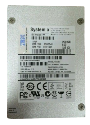 IBM System X 200GB SAS 6Gb 2.5" Solid State Drive SSD 00W1548 00W1551 TXA2D2