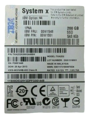 IBM System X 200GB SAS 6Gb 2.5" Solid State Drive SSD 00W1548 00W1551 TXA2D2