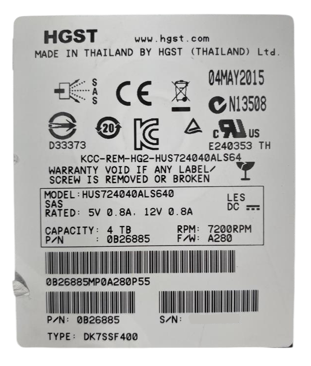 Hitachi Ultrastar 7K4000 4TB 7.2K 6G SAS 3.5" LFF HDD - HUS724040ALS640 0B26885