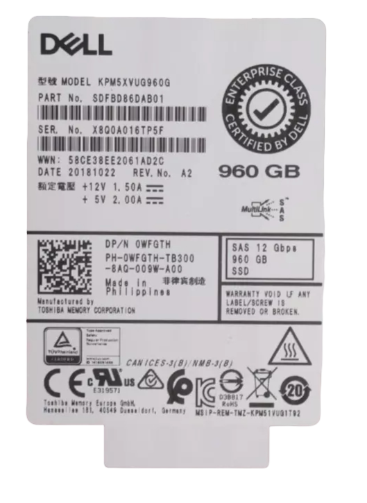 Dell 960GB 2.5" SAS 12G Mixed Use MLC SSD KPM5XVUG960G WFGTH + 14th/15th Caddy