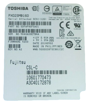 Fujitsu 1.6TB 2.5" 12Gb/s Hot-Plug SAS SSD Solid State Drive S26361-F5297-L160