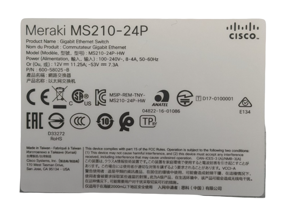 Cisco Meraki MS210-24P-HW 24x 1GE POE+ 4x 1G SFP 1U Cloud Switch UNCLAIMED