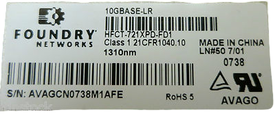 Brocade Foundry Networks 10GBase-LR 1310nm HFCT-721XPD-FD1 SMF XFP Transceiver