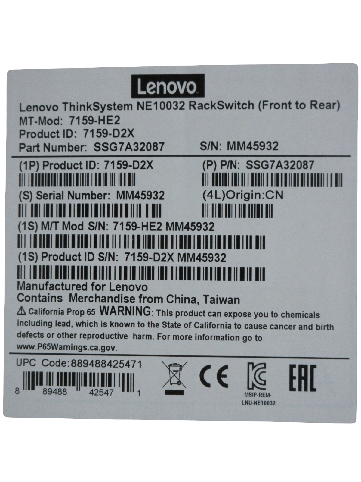 NEW Lenovo ThinkSystem NE10032 32x 100Gb QSFP28 1U F2R Rack Switch SSG7A32087