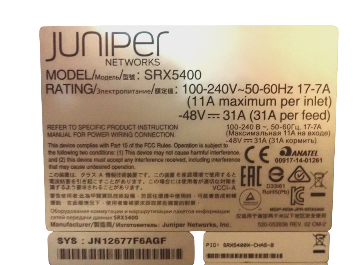 Juniper Networks SRX5400X 1x SRX5K-RE-1800X4 1x SRX-MIC-20GE-SFP 5U Firewall