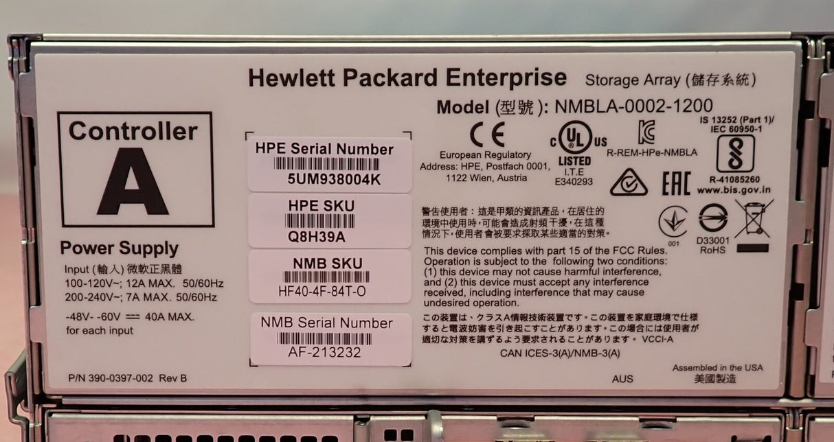 HPE Nimble Storage Adaptive Flash Array HF40 2x Controller 24-Bay 92.64TB Q8H39A