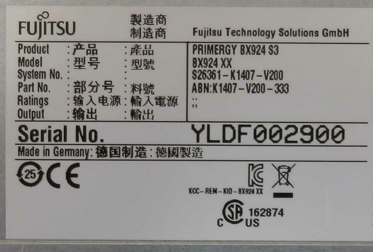 Fujitsu Primergy BX924 S3 Dual Server Blade CTO 8GB FC Mezz S26361-K1407-V200
