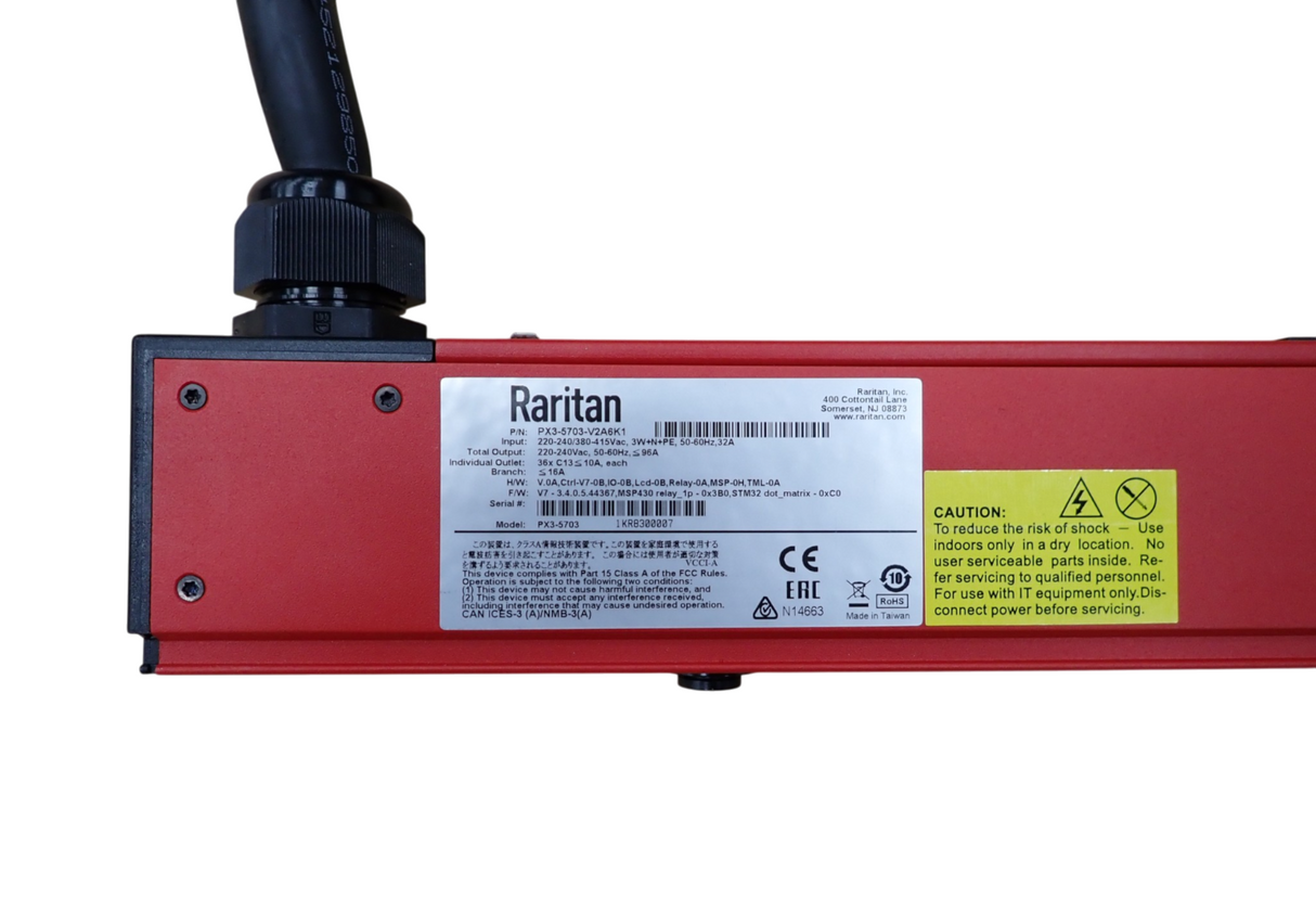Raritan PX3-5703-V2A6K1 Three-phase 400V 32A 36x C13 0U Metered Switched PDU