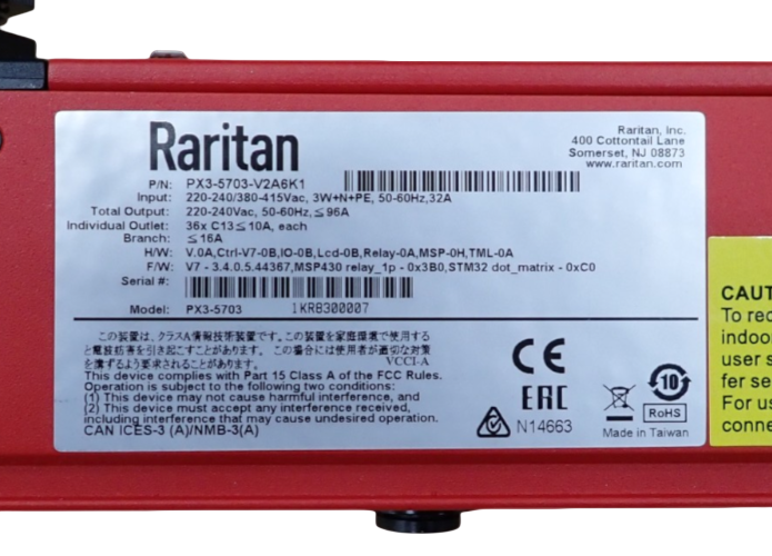 Raritan PX3-5703-V2A6K1 Three-phase 400V 32A 36x C13 0U Metered Switched PDU