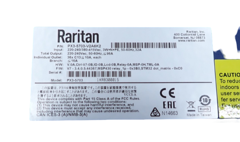 Raritan PX3-5703-V2A6K2 Three-phase 400V 32A 36x C13 0U Metered Switched PDU