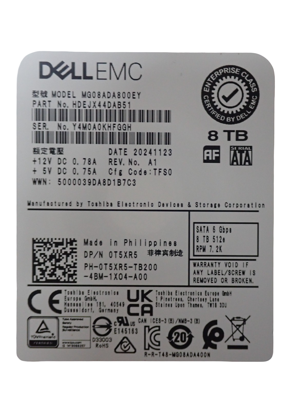 NEW Dell 8TB 7.2K SATA 6G 3.5" HDD MG08ADA800EY T5XR5 0T5XR5 +14/16th Gen Caddy